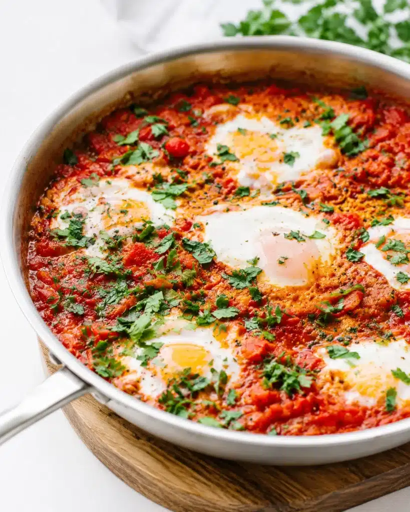Skillet with eggs in tomato sauce garnished with parsley on a wooden board