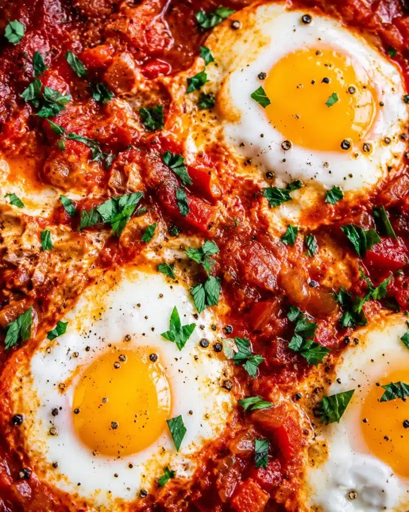 Close up of eggs with runny yolks in a thick tomato and pepper sauce