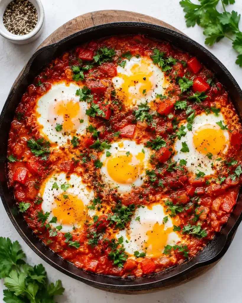 Cast iron pan filled with eggs in tomato sauce topped with chopped herbs