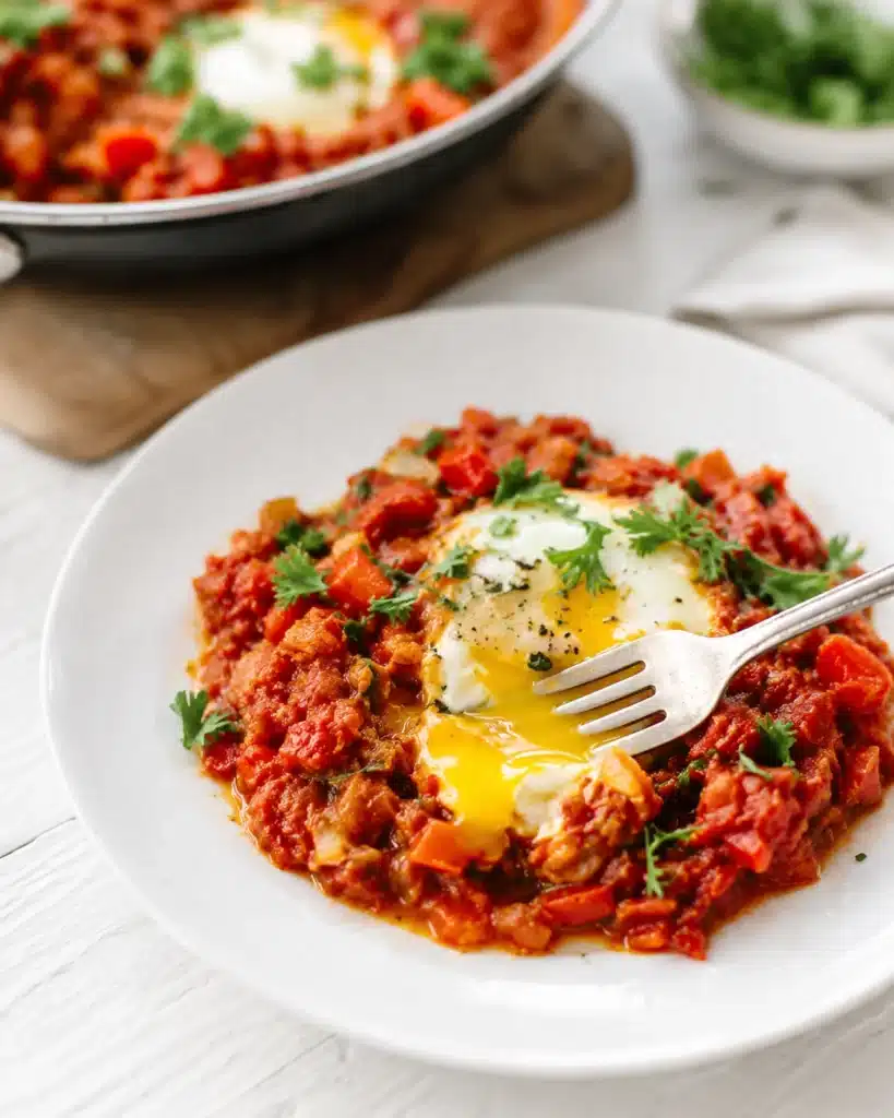 Plated eggs in tomato sauce with a fork breaking into a soft yolk