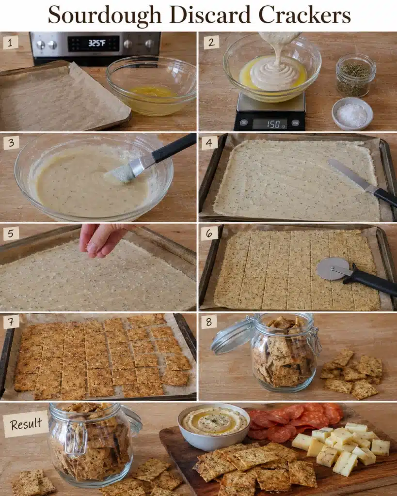 tep by step process of preparing and baking crackers shown in a collage layout