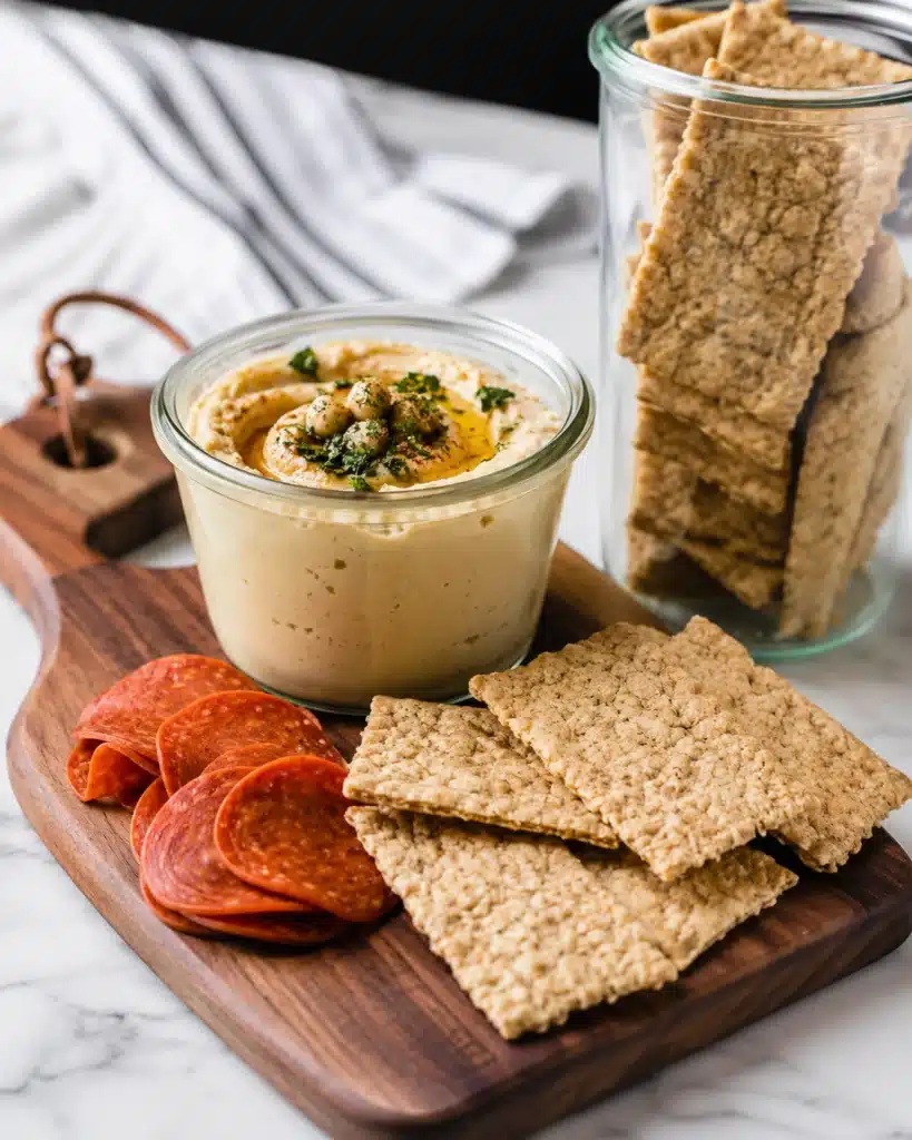 creamy hummus served in a glass jar with crackers and sliced cured meat on a wooden board