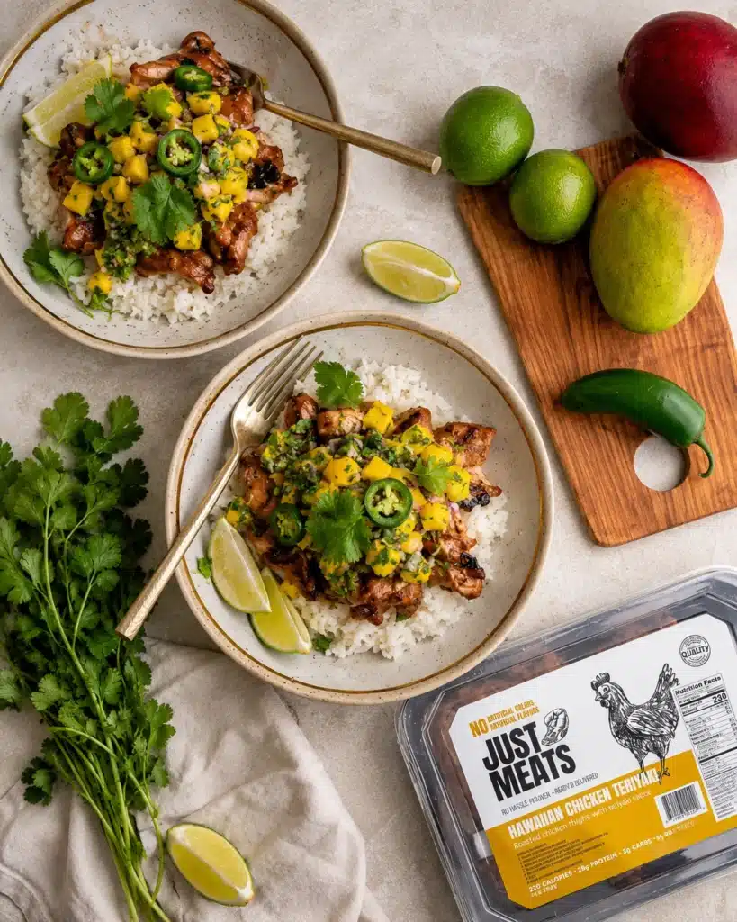 spicy mango chicken bowl with rice fresh mango salsa and jalapenos