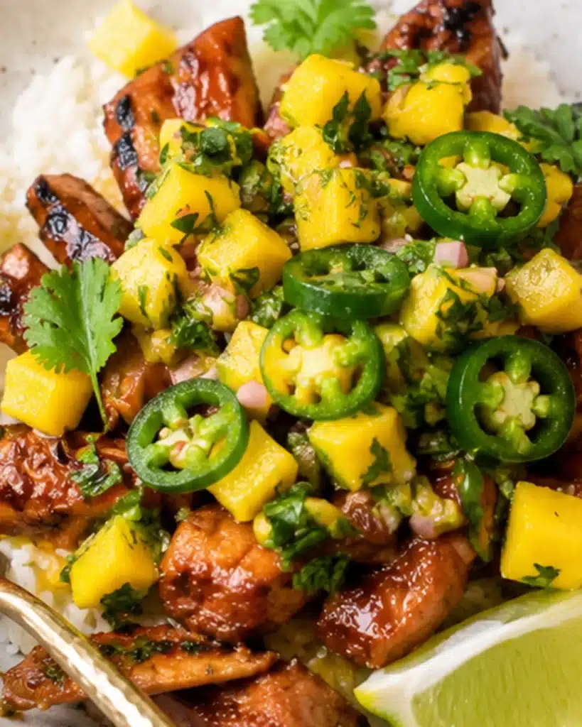 close up of spicy mango chicken with mango salsa and jalapeno slices