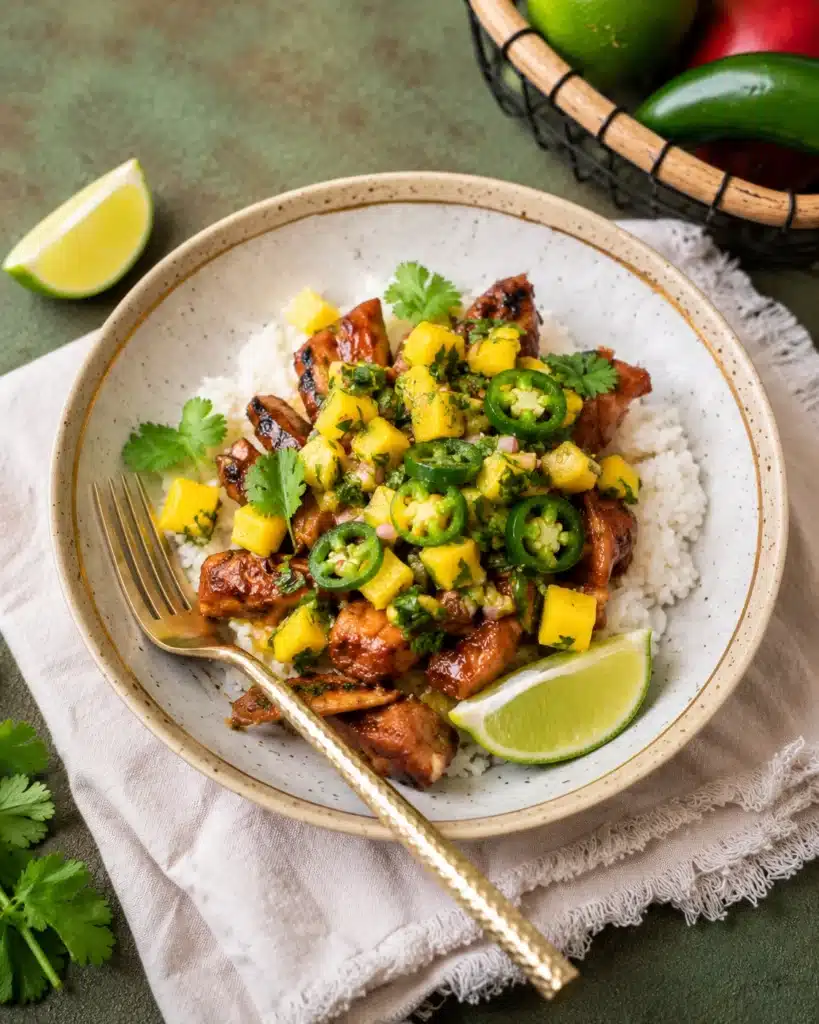 plated spicy mango chicken bowl with rice lime and cilantro garnish