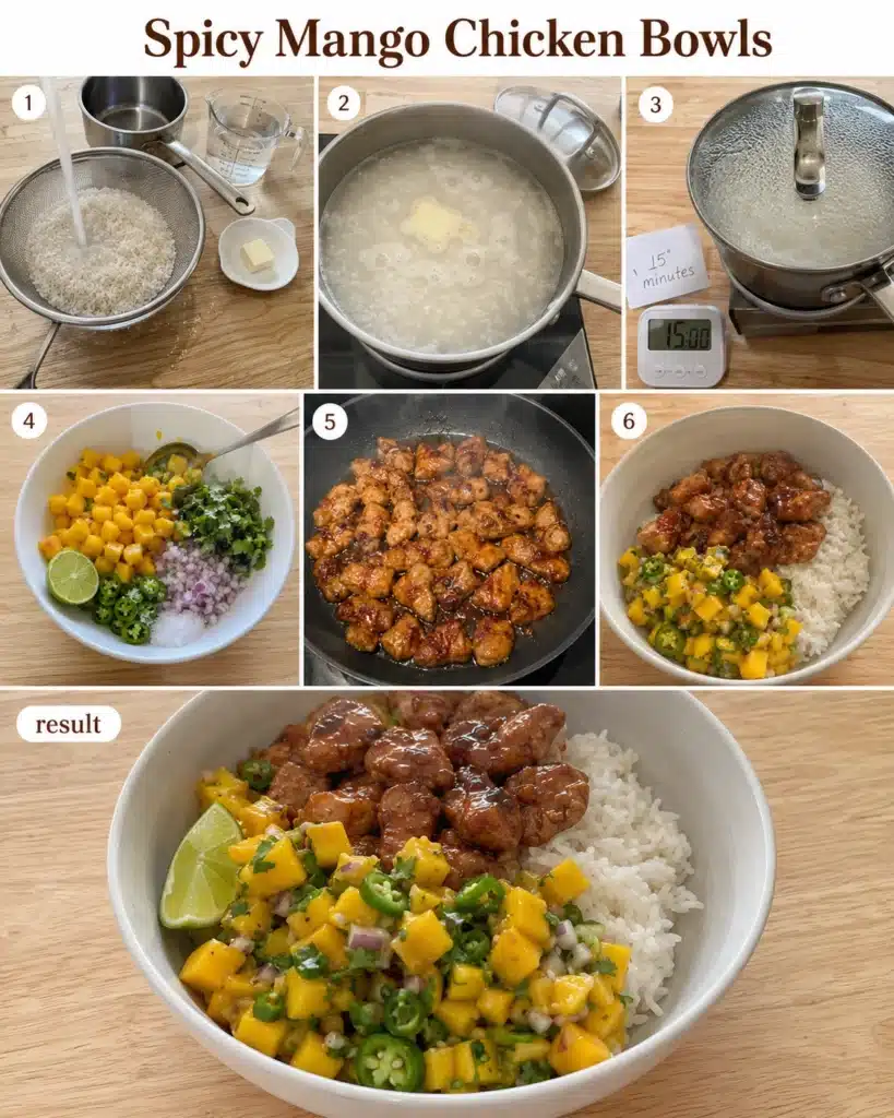 step by step spicy mango chicken bowl cooking process collage