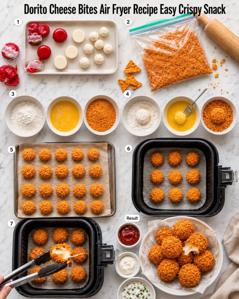 Step by step process of making crispy cheese bites from ingredients to final dish
