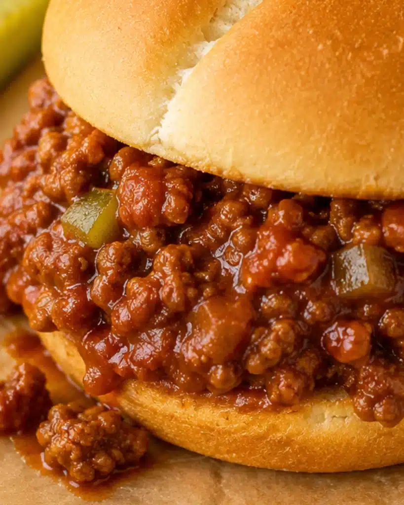 Close up of saucy ground beef filling inside a soft sandwich bun with visible onions and peppers