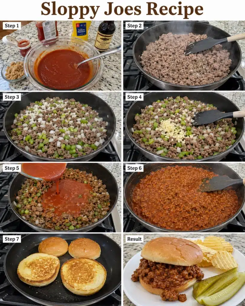 Step by step process of cooking sloppy joe filling from raw ingredients to finished sandwich