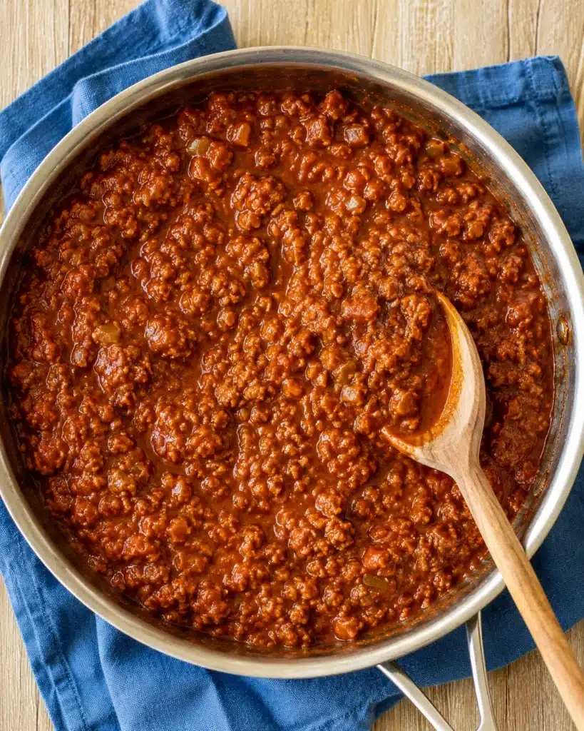 Pan filled with simmering ground beef in rich tomato sauce with a wooden spoon stirring