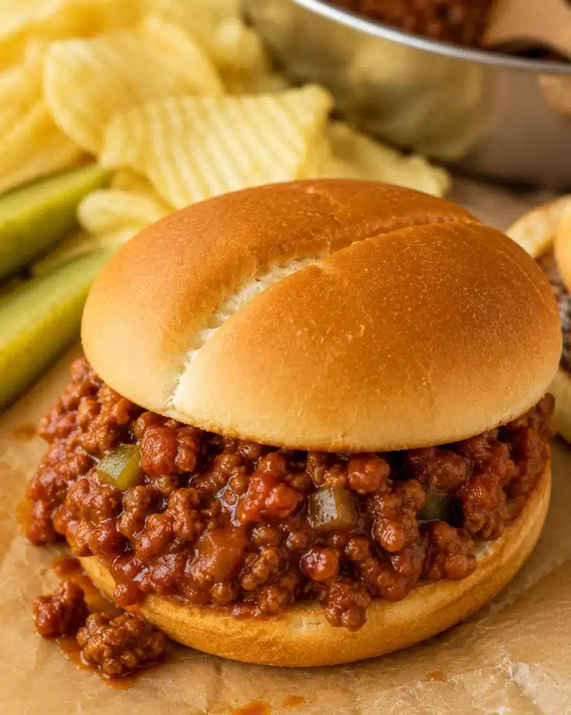 Homemade sloppy joe sandwich on toasted bun served with chips and pickles on a wooden surface