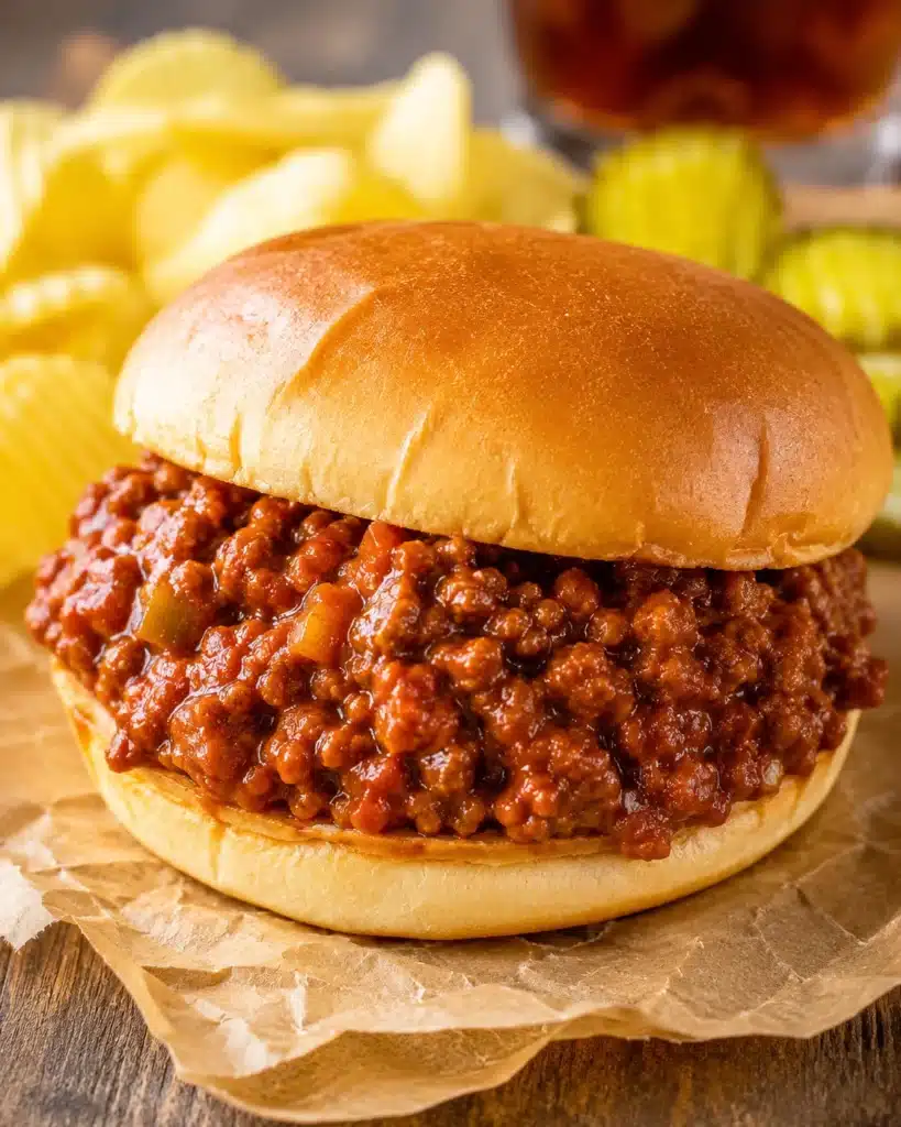 Juicy sloppy joe sandwich filled with saucy ground beef on a soft toasted bun with chips and pickles on the side