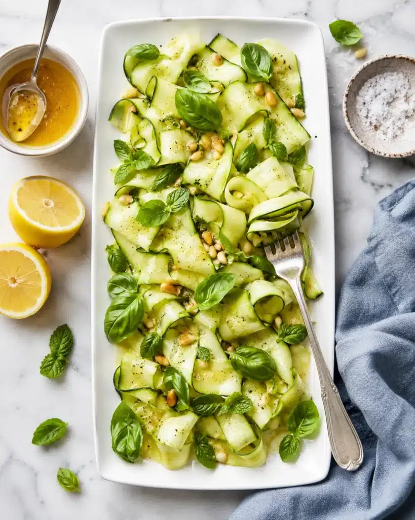 Thin zucchini ribbons with basil, mint, and pine nuts on a white platter