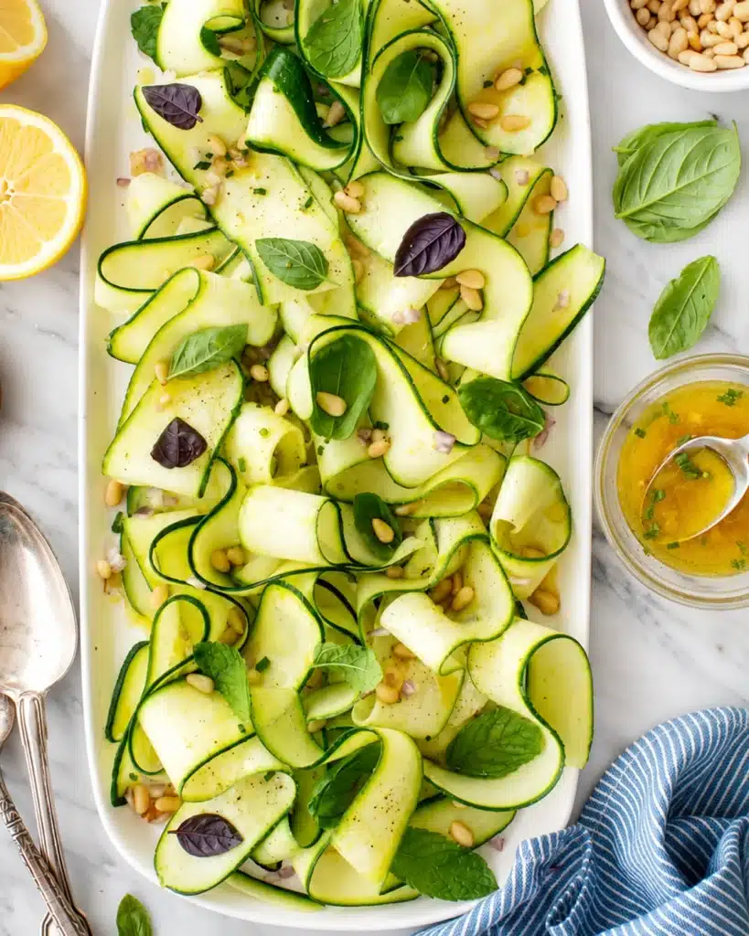 Zucchini ribbons served on a platter with herbs, pine nuts, and vinaigrette