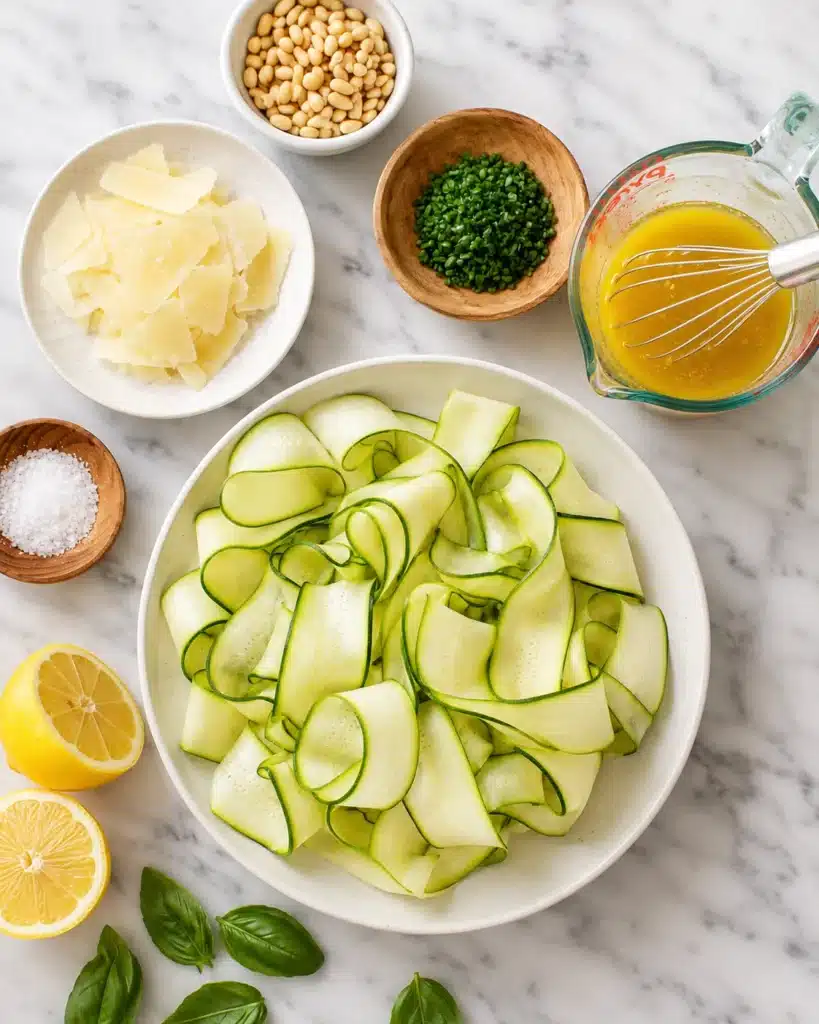 Raw zucchini ribbons with lemon, Parmesan, pine nuts, and dressing ingredients