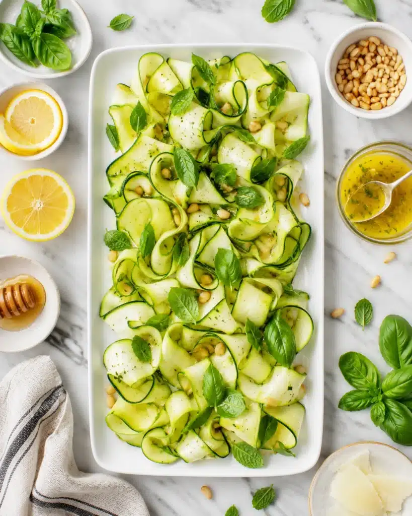 Zucchini ribbons plated with basil, lemon, and light vinaigrette