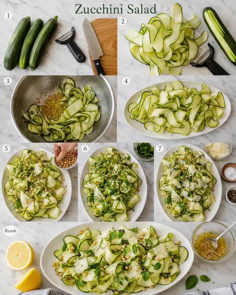 Zucchini being sliced into ribbons and mixed with dressing in a bowl