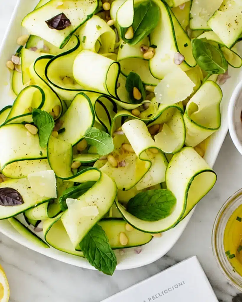 Close view of zucchini ribbons with Parmesan, herbs, and pine nuts
