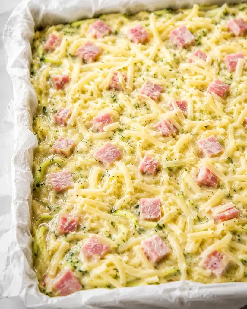 Raw batter in a lined tray topped with shredded cheese and diced meat