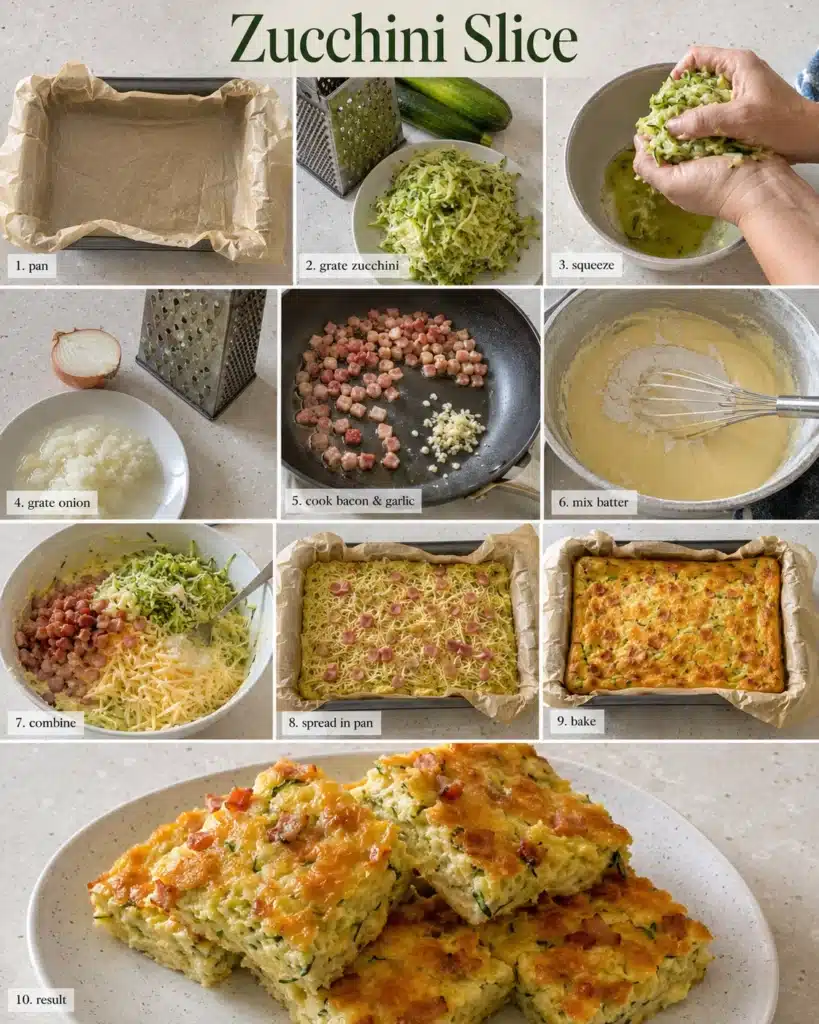 Cooking process showing grating, mixing, and baking steps in sequence