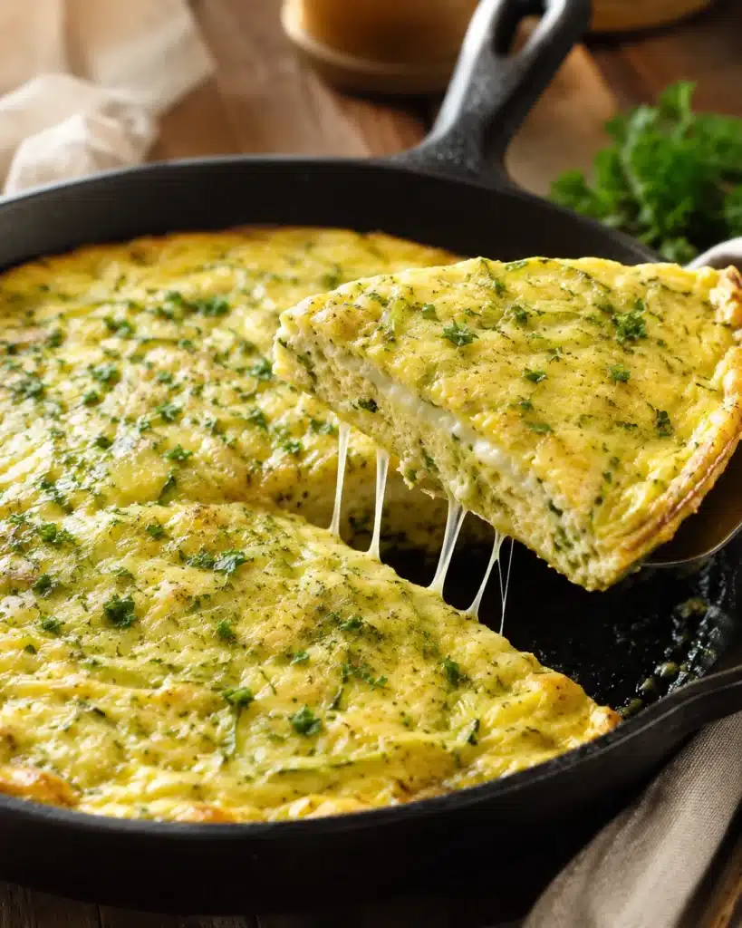 Slice of fluffy egg and zucchini dish being lifted from a cast iron skillet with melted cheese stretching