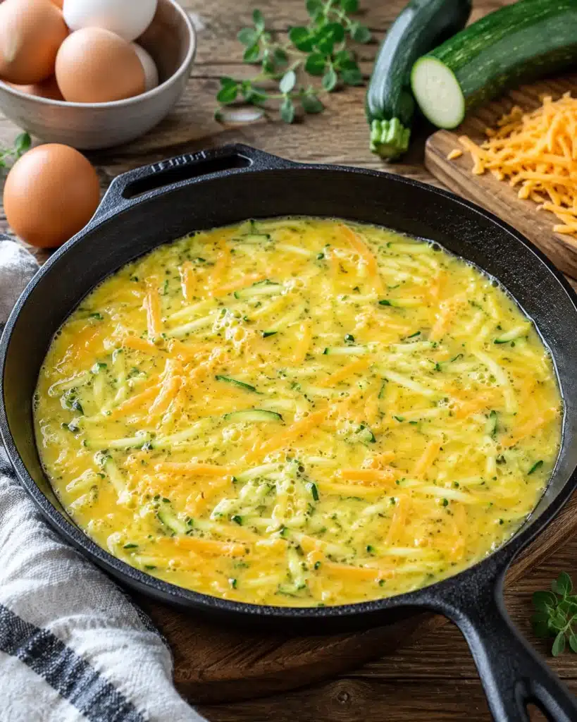 Raw egg mixture with shredded zucchini and cheese in a cast iron pan surrounded by fresh ingredients