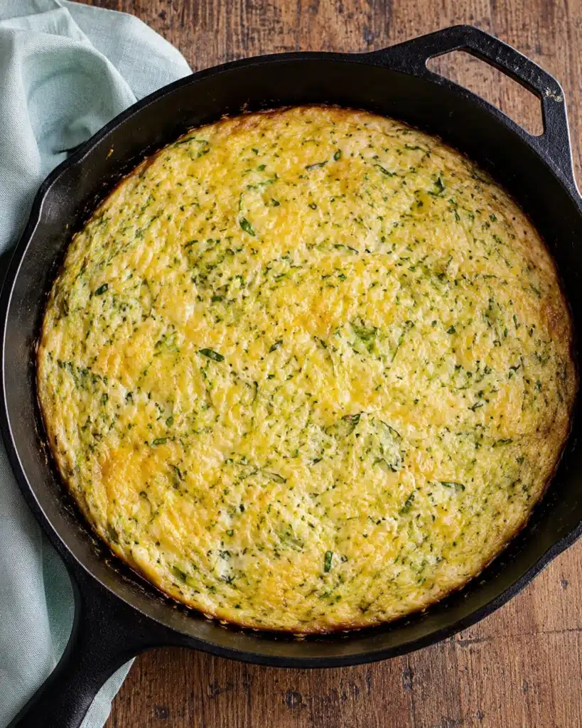 Golden baked egg and zucchini dish in a cast iron skillet on a wooden table