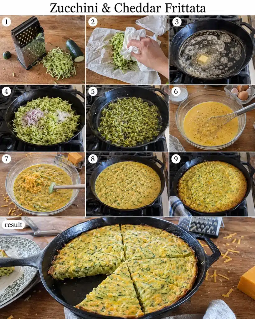 Step by step process of making a zucchini egg dish from grating to baking in a skillet