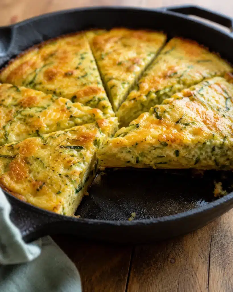 Sliced zucchini egg bake in a skillet with a golden crust and soft interior