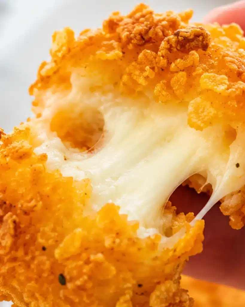 Close up of melted cheese stretching inside a crispy coated bite