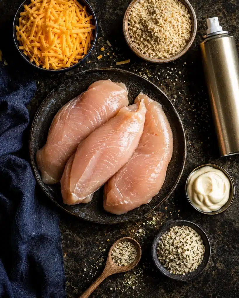 Raw chicken breasts with cheddar, panko, ranch seasoning, mayonnaise, and cooking spray on a dark counter