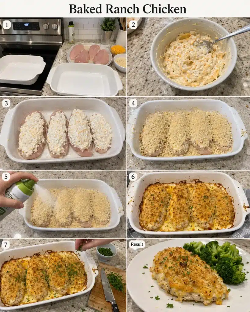 Step by step baked chicken preparation with creamy topping, panko crumbs, cooking spray, and finished plate