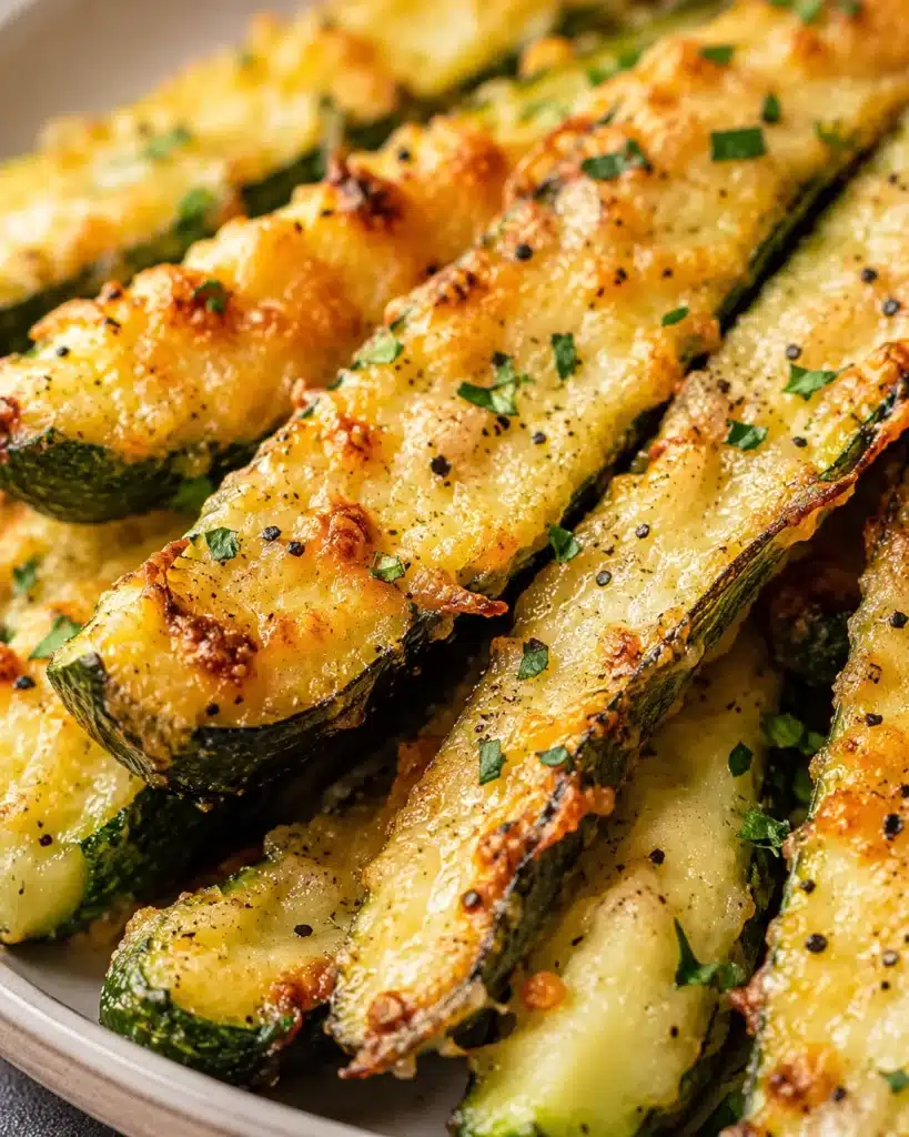 close up of zucchini sticks with melted cheese, black pepper and chopped herbs