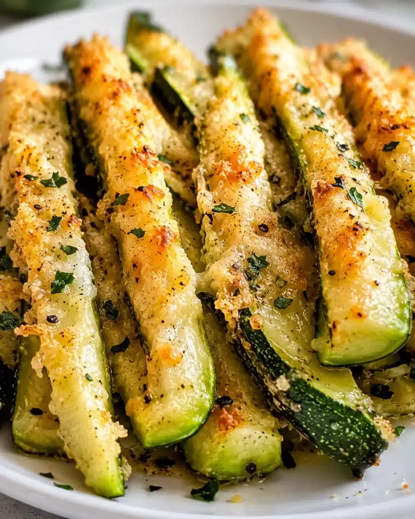 roasted zucchini spears with crispy edges and visible seasoning on top