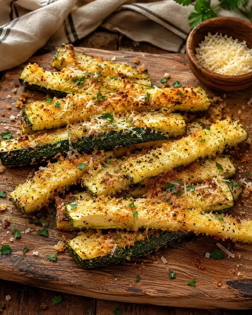 zucchini fries with parmesan served on a wooden board with herbs and crumbs