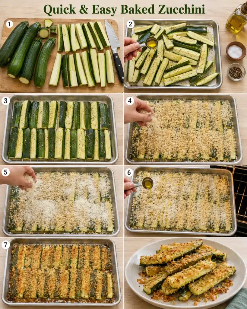 step by step preparation of zucchini fries from slicing to baking and plating