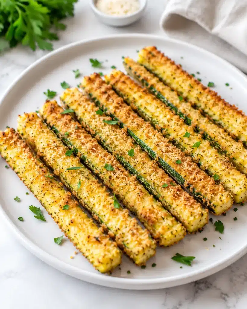 golden zucchini fries coated with parmesan and herbs served neatly on a white plate