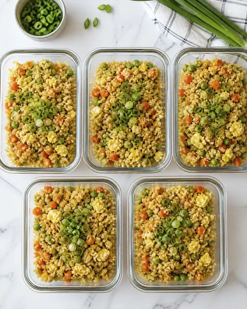 Meal prep containers filled with cauliflower rice and mixed vegetables