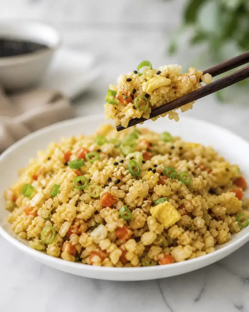 Chopsticks holding a bite of cauliflower rice with vegetables above a plate