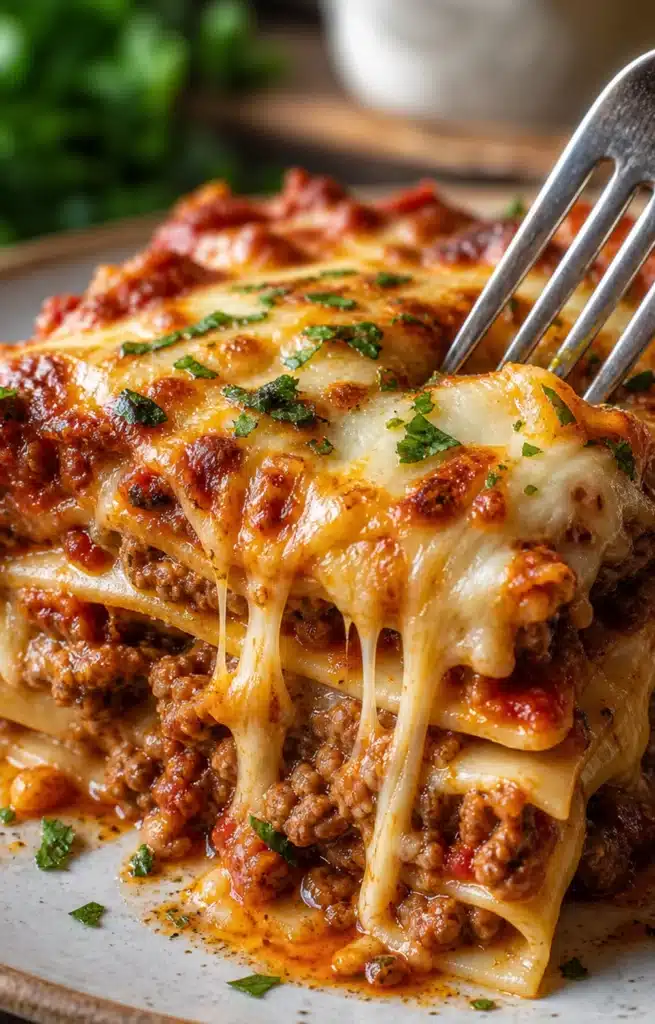 Close up of a cheesy baked lasagna slice with layers of pasta, meat sauce, and melted mozzarella stretching from a fork