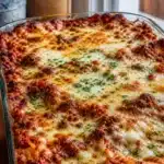 Homemade lasagna in a baking dish with crispy edges, melted cheese, and visible layers of pasta and sauce