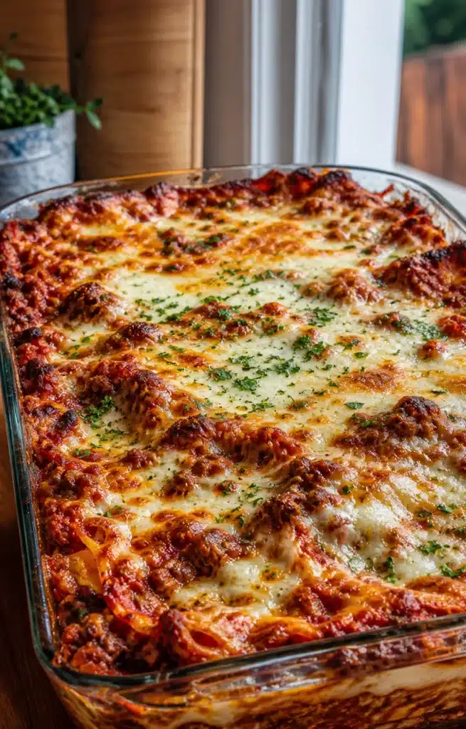 Homemade lasagna in a baking dish with crispy edges, melted cheese, and visible layers of pasta and sauce