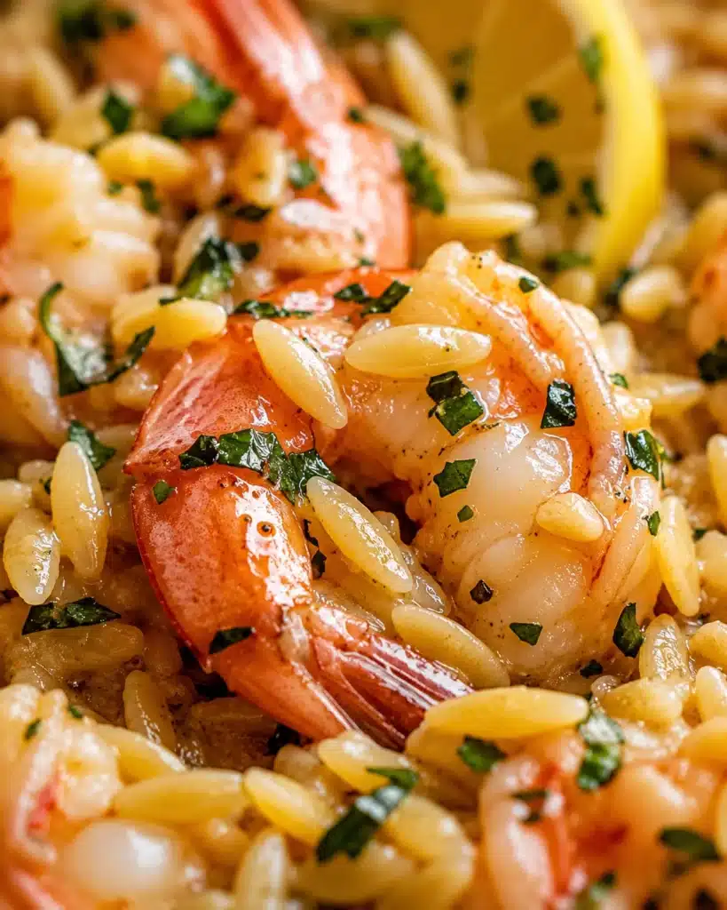Garlic Butter Shrimp Orzo Close Up Texture