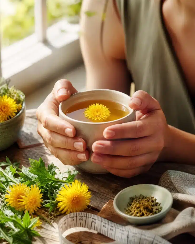 Hands holding a warm cup of herbal tea near a bright window with fresh flowers