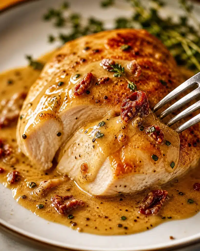 Creamy garlic sauce being poured over golden pan seared chicken with sun dried tomatoes
