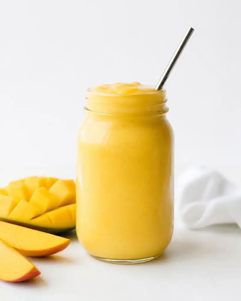Creamy mango drink in a glass jar with a metal straw on a light background with fresh fruit slices