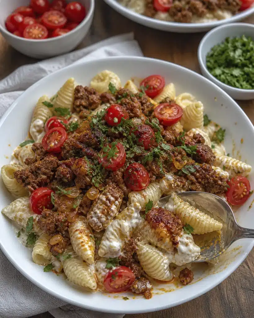 Close up of pasta with yogurt sauce and ground beef being scooped with a spoon