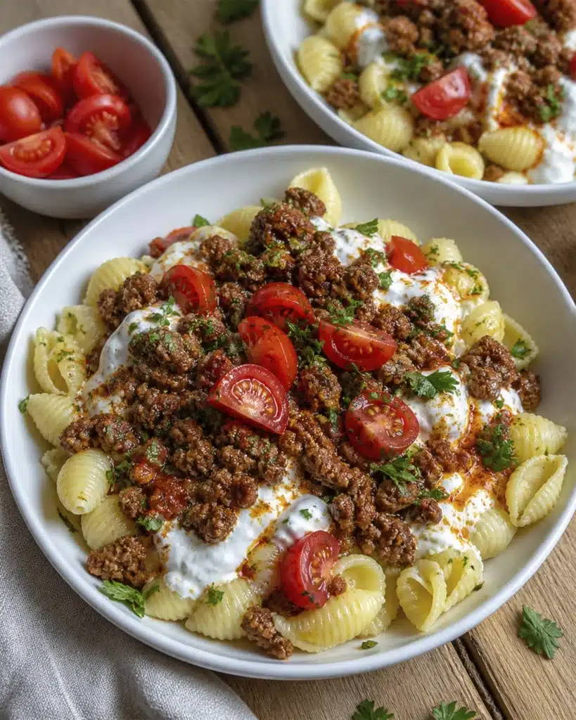 Close up of shell pasta topped with spiced ground beef, yogurt sauce, and fresh cherry tomatoes
