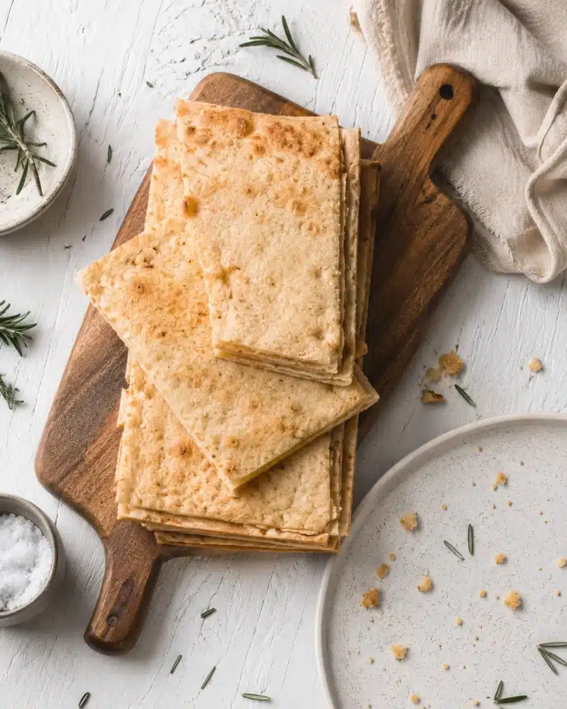 stack of thin crispy flatbread pieces arranged on a wooden board with rosemary scattered around