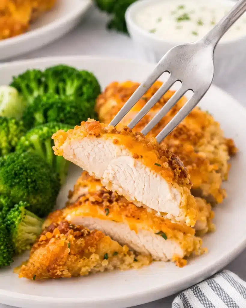 Sliced crispy chicken breast on a white plate with broccoli and a fork lifting a tender bite